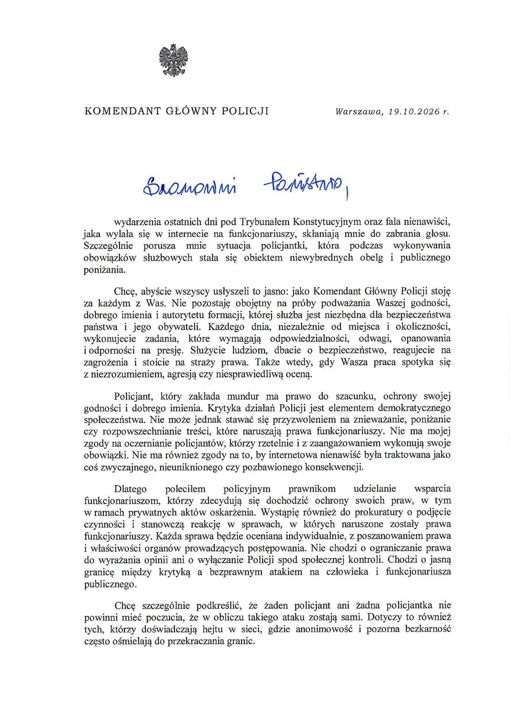 List Komendanta Głównego Policji do funkcjonariuszy
