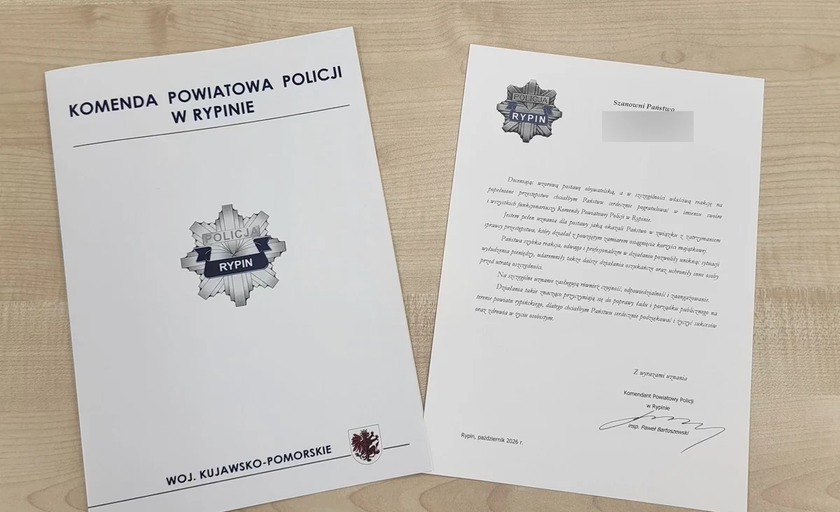 Małżeństwo z Rypina pomogło zatrzymać oszustów. Komendant ich wyróżnił
